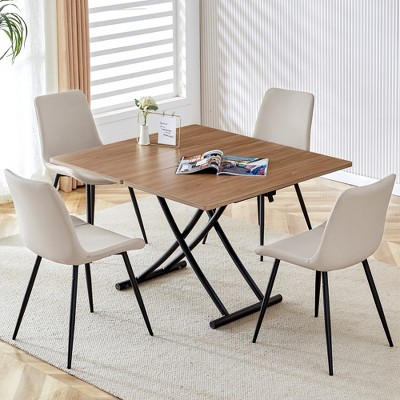 VYNXARIA Modern minimalist multifunctional lifting table,0.8-inch wood grain craft sticker desktop,4 faux leather upholstered dining chairs