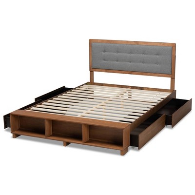 Walnut Queen Platform Bed with Gray Upholstered Headboard and Storage Drawers