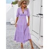 Women's Summer A Line Deep V Neck Dress Short Lantern Sleeve Ruffles Swing Midi Dress with Belt - 2 of 4
