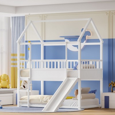 NicBex Twin Over Twin Bunk Bed with Convertible Slide and Ladder,Loft Bed with Safety Guardrail for Bedroom,White/Brown