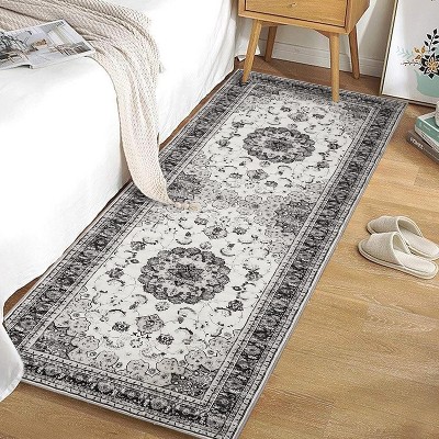 Boho Vintage Washable Area Rug, Gray Medallion Low Pile Non Slip Carpet for Living Room, Bedroom, Kitchen, or Dining Room, Pet Friendly