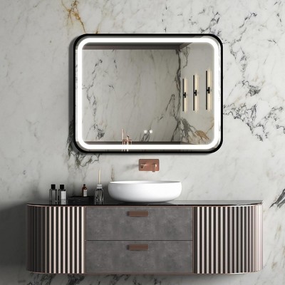 LED Classy Vanity Mirror 40"x32", Led Wall Lighted Mirror Dimmable Touch, Anti-Fog CRI 95, Adjustable 3000K-6000K, Black Metal Frame Luxurious Design