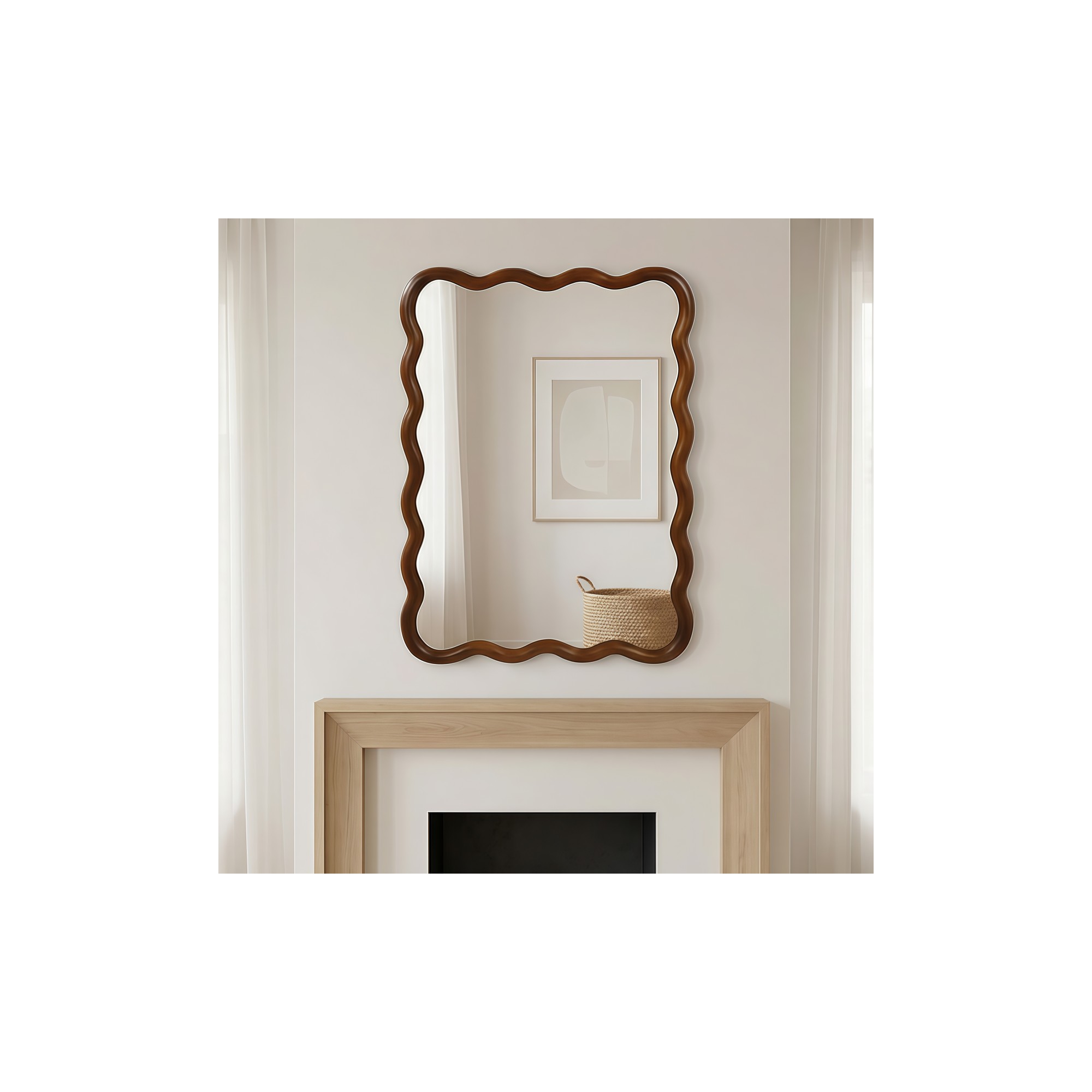 30" x 40" Wall Mirror with Walnut Solid Wood Frame, Wavy Rectangle Decorative Mirror for Bathroom, Bedroom, Living Room, Entryway-Panipeachy