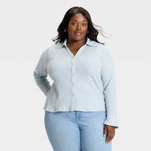 Women's Long Sleeve Collared Rib-Knit Button-Down Shirt - Ava & Viv™ - 1 of 3