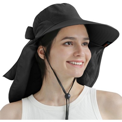 Sun Cube Wide Brim Sun Hat with Neck Flap, UPF50+ Hiking Safari Fishing Hat for Womens, Sun Protection Beach Hat (Black with Bow)