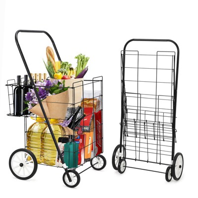 Utility Shopping Cart with Double Basket, Foldable Rolling Carts for Groceries