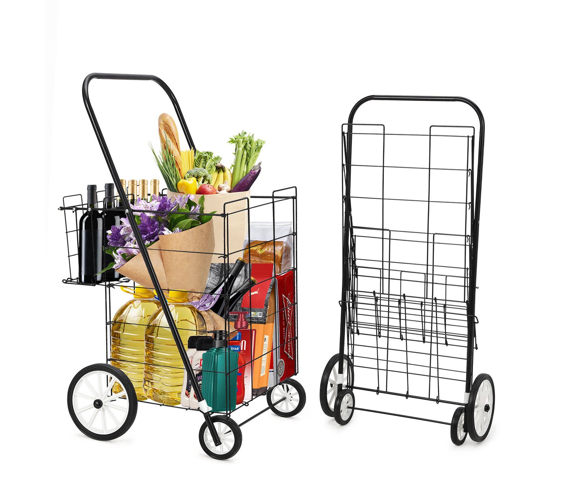 Utility Shopping Cart with Double Basket, Foldable Rolling Carts for Groceries