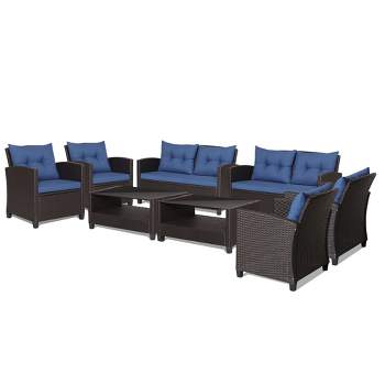 Tangkula 8PCS Outdoor Conversation Set Patio PE Rattan Set w/ Glass Table & Sofa Cushions