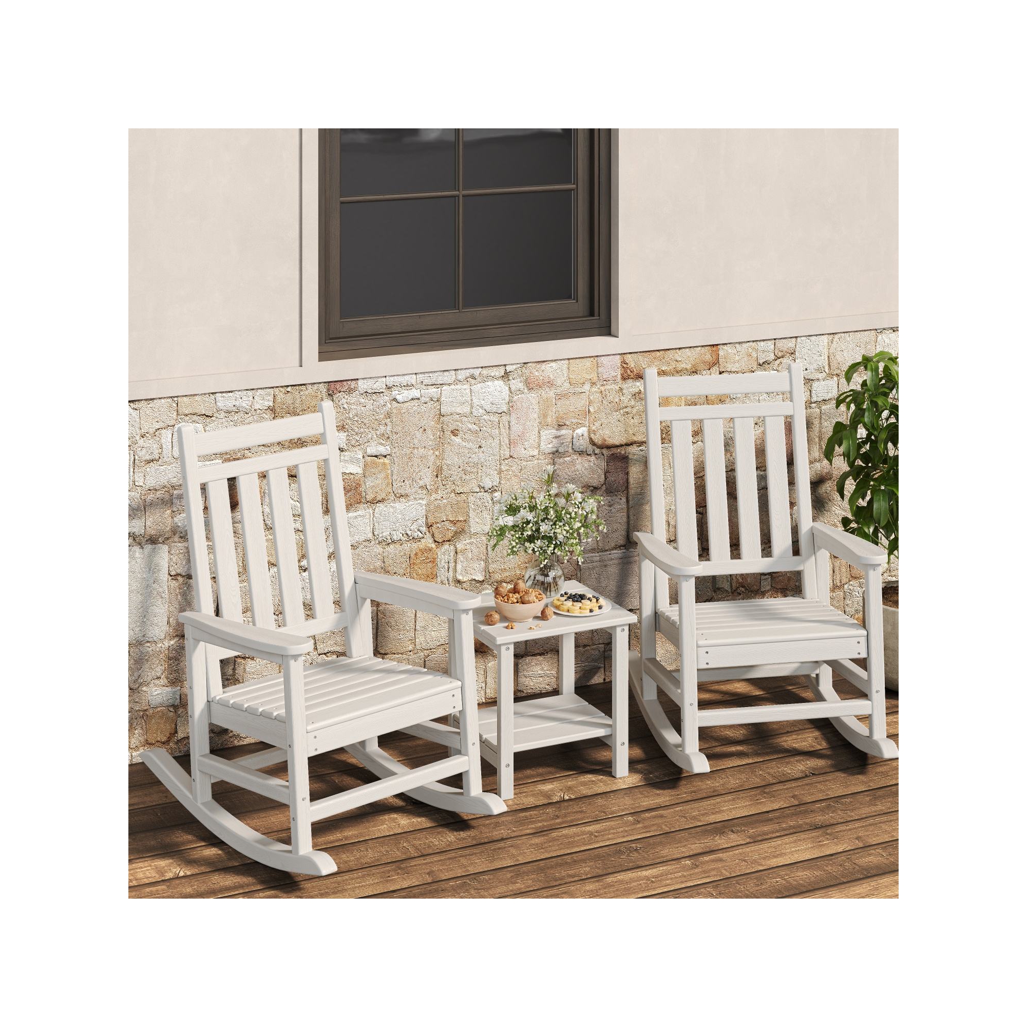 Outdoor Rocking Chair Set of 2 with Side Table, High-Back HDPE All-Weather Rockers & Poly Lumber Furniture for Patio and Porch,White