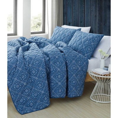 King Blue Organic Cotton Reversible Quilt Set