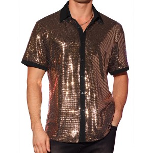 Lars Amadeus Men's Contrasting Color Short Sleeves Disco Party Sparkly Sequins Shirt - 1 of 4
