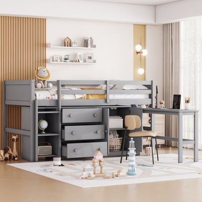 NicBex Twin Loft Bed Wooden Bed Frame with Drawers, Pull-out Desk, Cabinet, Shelves, Ladder and Full Length Guardrail, No Box Spring Required
