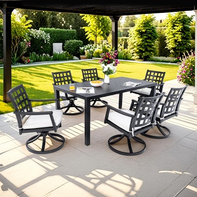 7 Piece Cast Aluminum Patio Dining Set with Rectangular Table and Six Swivel Rocking Chairs Sunbrella Cushions for Outdoor Garden Deck–Maison Boucle