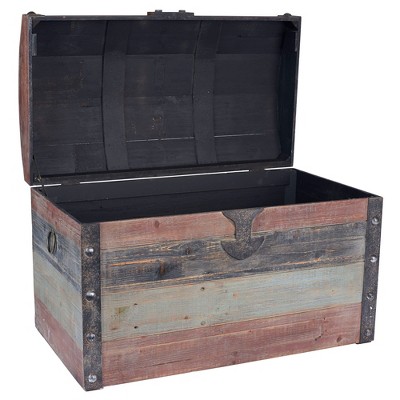 Large Weathered Multicolor Wooden Storage Trunk with Metal Accents