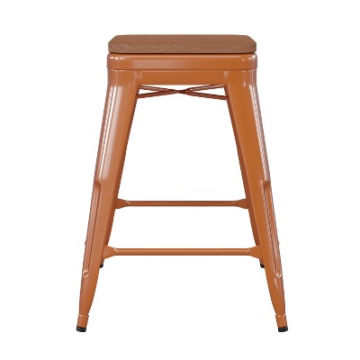 Kai 24" Orange Metal Counter Stool with Teak Poly Resin Seat