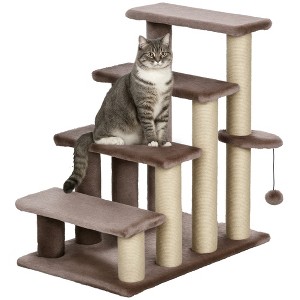 PawHut 4 Levels Cat Steps, Pet Stairs Carpeted Ladder, Kitten Tree Climber with Scratching Posts, Hanging Play Ball, Side Step, Brown - 1 of 4