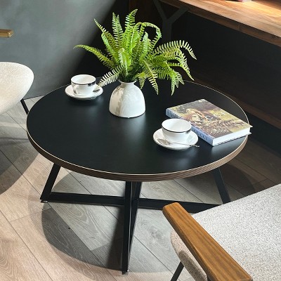 Round Coffee Table Wood Grain and Black Metal