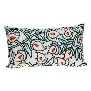 HomeRoots 14" X 24" Green and White Cotton Lumbar Throw Pillow with Embroidery - 1 of 4