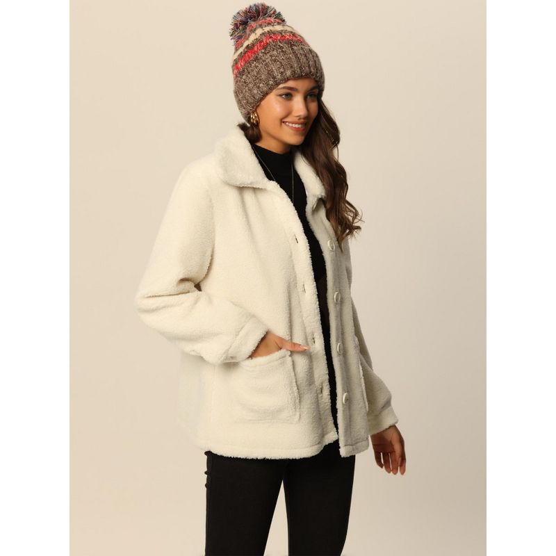 Seta T Women's Fashion Winter Faux Shearling Long Sleeve Lapel Button Down Fleece Coat with Pockets, 4 of 6