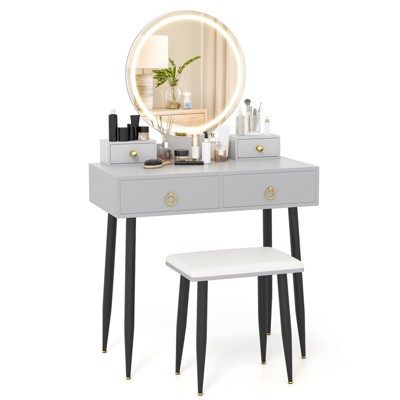 Tangkula Makeup Vanity Set Dressing Vanity Desk w/ Mirror & 3-Color Dimmable LED Lights