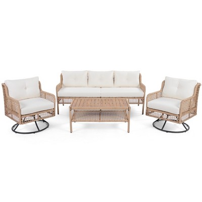 FURNIinspire Patio Accent Chairs, Outdoor Chair with Cushion, Weatherproof Woven Wicker for Garden Balcony Poolside, Beige, 72.1"*27.8"*31.1"