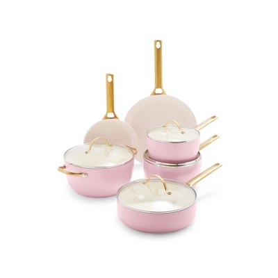 Blush Pink Ceramic Nonstick 10-Piece Cookware Set with Gold Handles