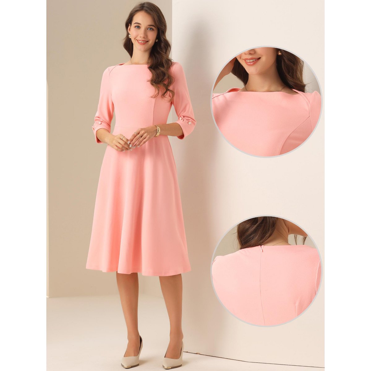Женские платья INSPIRE CHIC Women's 3/4 Sleeve Elegant Boat Neck Wear to Work Dress Large Pink — фото 2