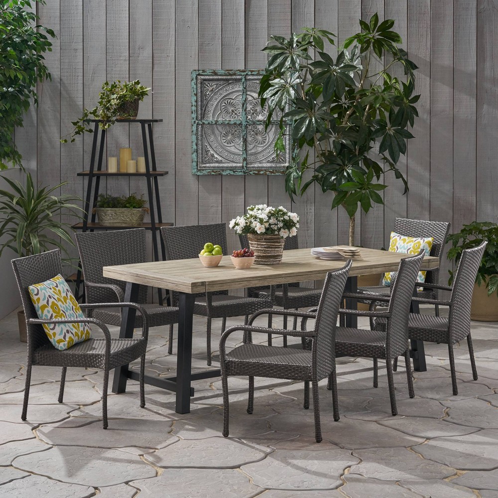 Jefferson 9pc Wood and Wicker Dining Set – Light Gray/Gray – Christopher Knight Home  – Patio Furniture​