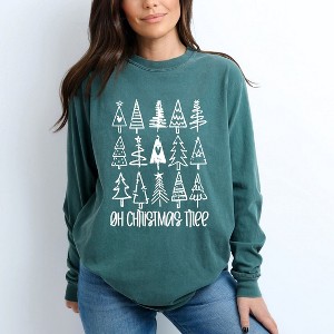 Simply Sage Market Women's Distressed Oh Christmas Tree Long Sleeve Garment Dyed Tee - 1 of 4