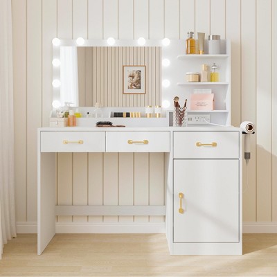 Makeup Table with Mirror, LED Bulbs and Power Outlet Vanity Desk with 3 Drawers and Storage Shelves Dressing Table for Bedroom Dressing Room, White
