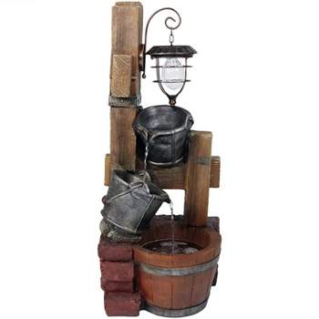 Sunnydaze 34"H Electric Polyresin Rustic Pouring Buckets Outdoor Water Fountain with Solar Lantern