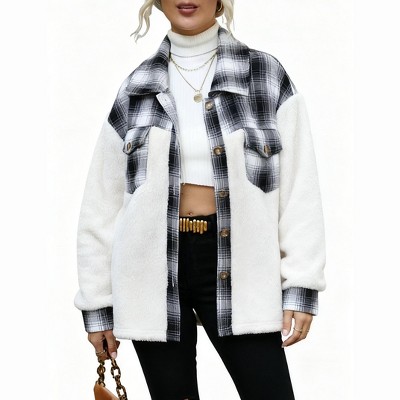 Women's Plaid Patchwork Jacket Button-Down Coat with Pockets Casual Fall Winter