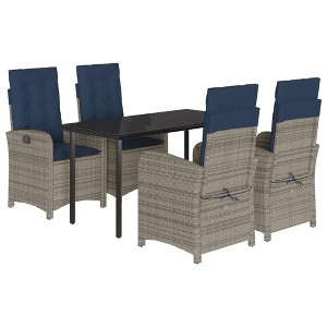 vidaXL 5-Piece Outdoor Dining Set with Adjustable Gray Poly Rattan Chairs and Tempered Glass Table - Navy Cushions - 1 of 4