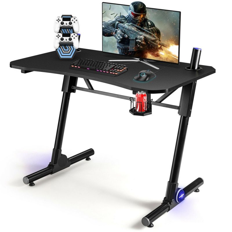Costway Gaming Computer Desk Height Adjustable w/ LED Light & Gaming Handle Rack, 1 of 11