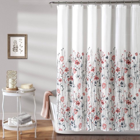 Floral Shower Curtain Set with Hooks Pink Flowers Green Blue