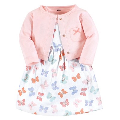 Image of Hudson Baby Baby and Toddler Girl Cotton Dress and Cardigan Set, Pastel Butterfly, 12-18 Months
