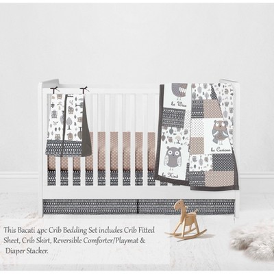 Bacati - Owls in the Woods Beige/Gray 4 pc Crib Bedding Set with Diaper Caddy