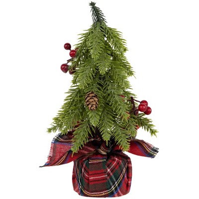 Mini Pine Artificial Christmas Trees with Pine Cones and Red Berries - Set of 3