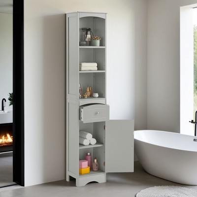 Tall Bathroom Cabinet, Freestanding Storage Cabinet with Drawer, MDF Board, Adjustable Shelf - Leovsnove