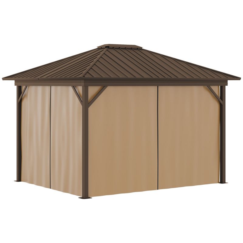 Outsunny 11.9" x 9.8" Hardtop Gazebo with Curtains and Netting, Permanent Pavilion Metal Roof Gazebo Canopy with Aluminum Frame and Top Hook, Brown, 4 of 7