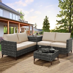 4-Piece Outdoor Patio Set, Rattan Wicker Sectional Furniture with Storage Box and Glass Top Table for Backyard - 1 of 4