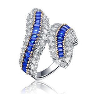 Guili Sterling Silver Rhodium-Plated Bypass Ring with Sapphire Cubic Zirconia for a Timeless, Elegant Sparkle. Green or Blue, Sizes 6-8. - 1 of 3