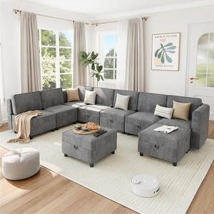 Grey 139" Chenille Sectional Sofa - 9-seater U-shape modular with storage seats, ottomans & reversible chaise - 1 of 4