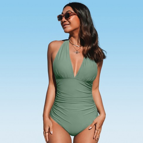 CUPSHE Women's One Piece Swimsuit Green Halter V Neck Cutout Bathing Suit :  : Clothing, Shoes & Accessories