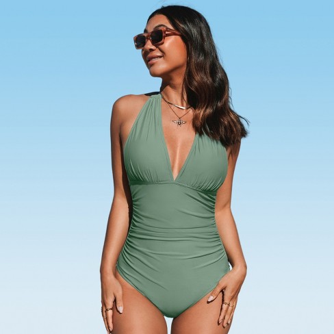 Women One Piece Swimsuit Halter V Neck Ruched Swimwear Tummy