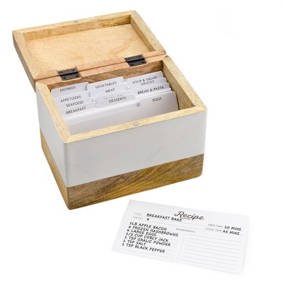 AuldHome Wood Enamel Recipe Box or Set; Boho Farmhouse Style Mango Wood Recipe Box