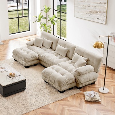 Luxury 3-Seater Modular Sectional Sofa with 2 Ottomans Chenille U Shaped Cloud Couch Soft ,Deep Seat Sofa for Living Room, Apartment-Tanpinhause