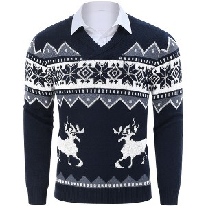 Clearlove Mens Ugly Christmas Sweaters Snowflakes Holiday Reindeer Printed Shawl Collar Knitted Long Sleeve Pullover Jumpers - 1 of 4
