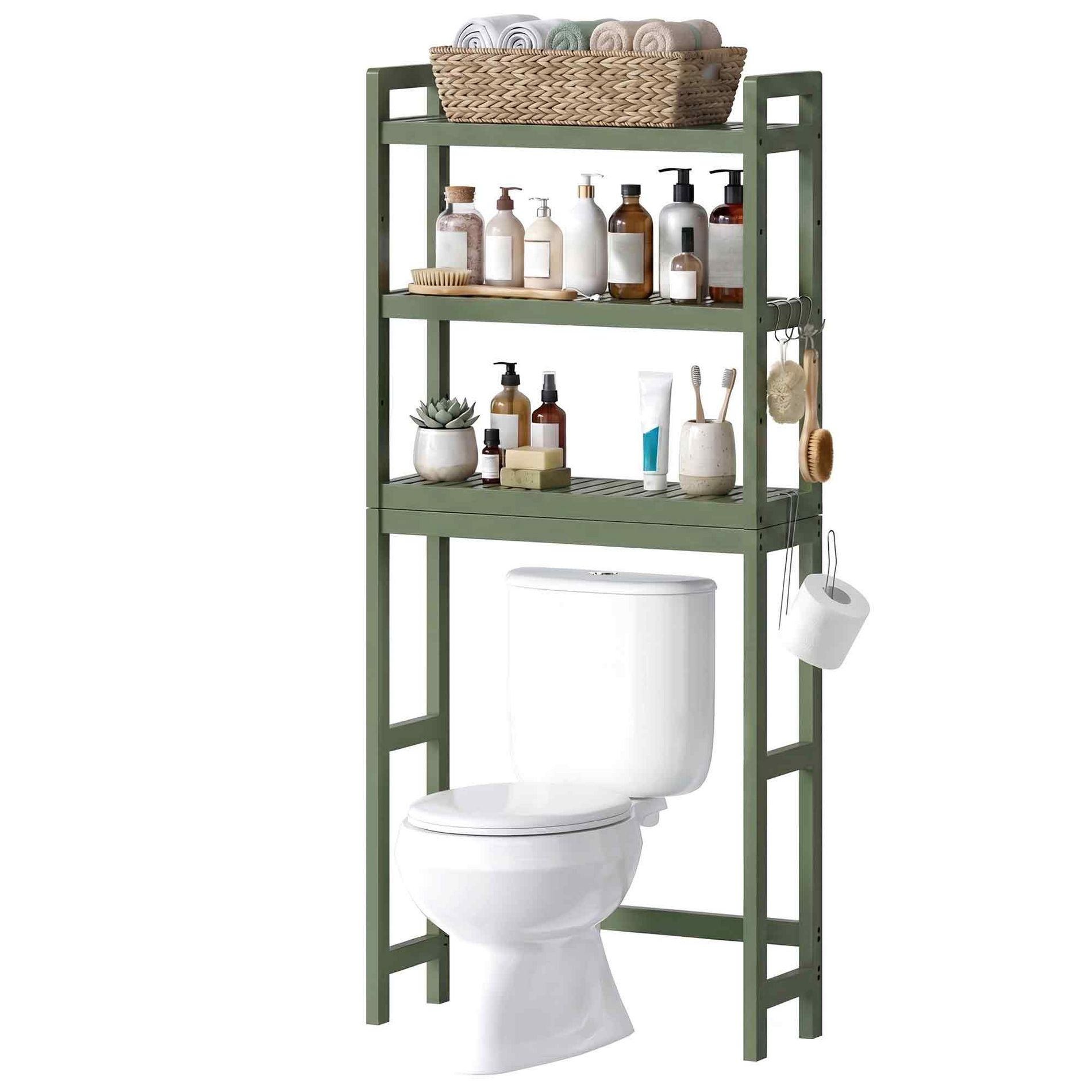 LEDREM Over The Toilet Storage Shelf, 3-Tier Bamboo Bathroom Organizer Adjustable Saver Space Rack with Toilet Paper Holder, Green