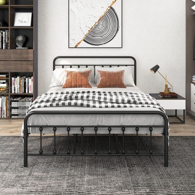 FURNIinspire Beds Metal Queen Bed Frame Victorian Style Platform Bed with Headboard Footboard Under Bed Storage, Black, 83.54"*60.2"*43.5"